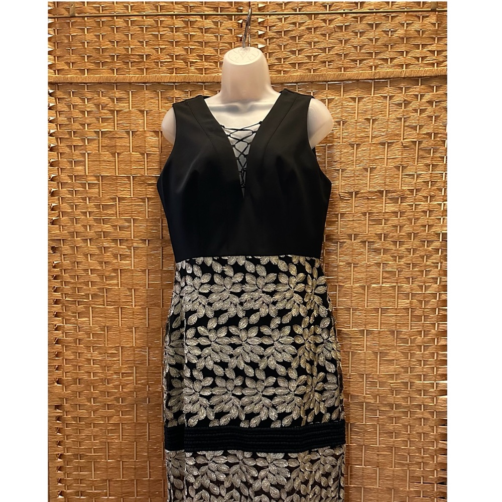 Badgley Mischka Embellished Black and Tan Sheath Midi Dress